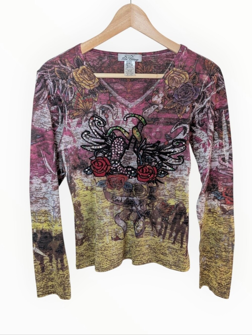 Spy Zone V-Neck Y2K Graphic Long Sleeve Top Pink Yellow Medium
